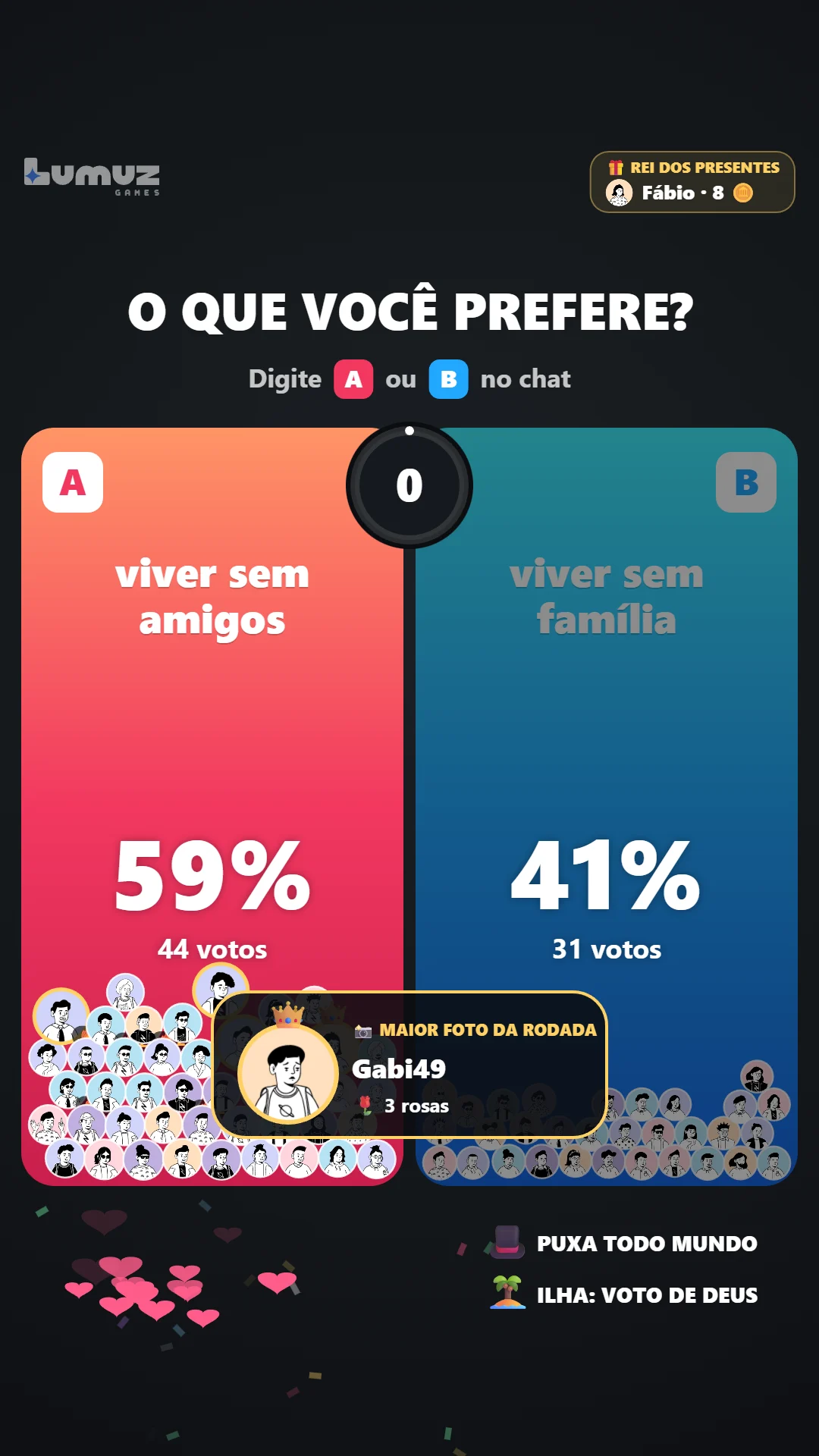 Tela de resultado: lado A venceu com 59% e a maior foto da rodada em destaque